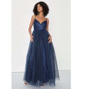 NEW Lulus Spellbinding Beauty Navy Glitter Sleeveless Tulle Gown Z74